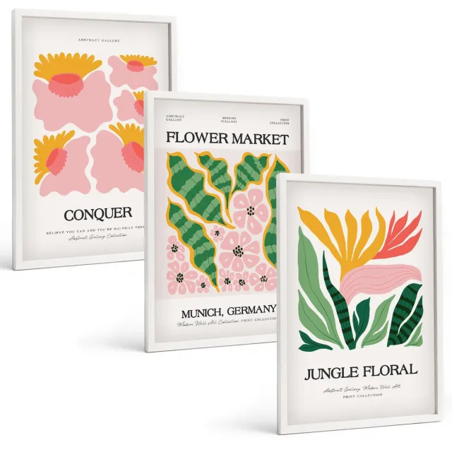 Coloray 3-Delige Schilderij Set - Bloemen En Bladeren In Moderne Stijl Op Posters - 40 x 60 - Muurdecoratie - Decoratieve Schilderijen - Wohnzimmer Witte lijst