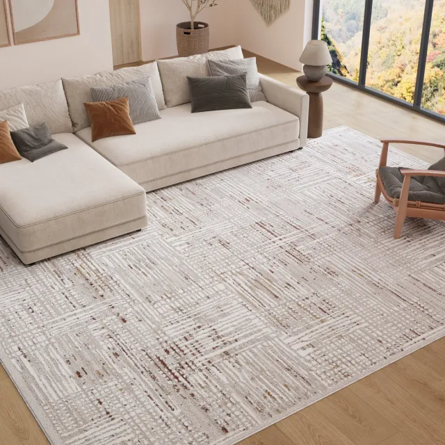 Tapiso Trend Tapijt Kortpolig - Modern Tapijt Hoge Kwaliteit - Elegant Woonkamer Tapijt in Crème Beige met Bruin Grijs - Strepen Blurred- Easy Care Tapijt - OEKO-TEX Bruine crème