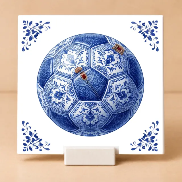 Bedruk King Delftsblauw Tegeltje 11x11 Voetbal met Houdertje – Cadeau voor Voetballiefhebber of Sportfan Wit
