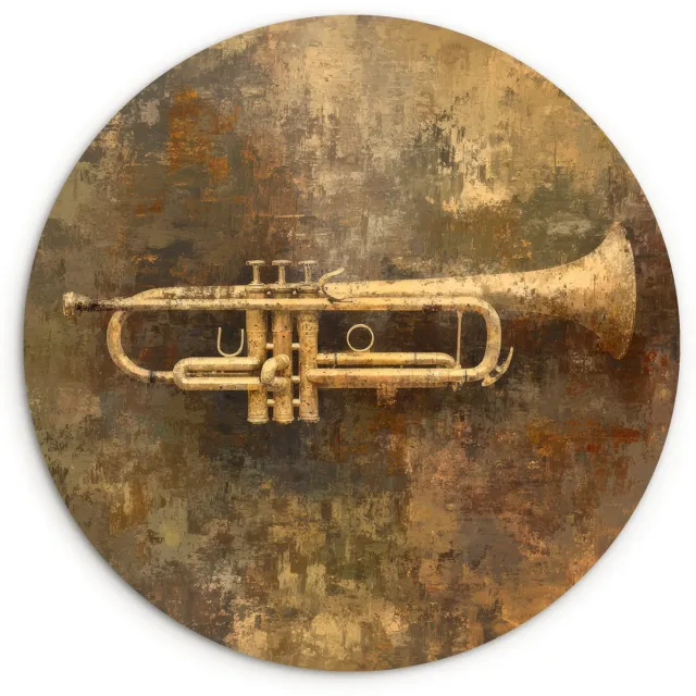 WallCircle Wandcirkel 60x60 cm - Muurcirkel Trompet - Geel - Muzikaal - Muurdecoratie woonkamer - Wanddecoratie slaapkamer - Kamer decoratie accessoires - Ronde schilderijen