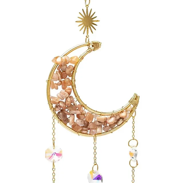 Phoenix Import Mani Bhadra Suncatcher maan met roze maansteen - ±8 cm goud/roze