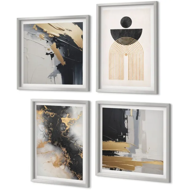 Coloray 4-Delige Schilderij Set - Geometrie en abstractie: elegante compositie - 40 x 40 cm en 40 x 60 cm - Muurdecoratie - Interieur Decoratie Zilveren lijst