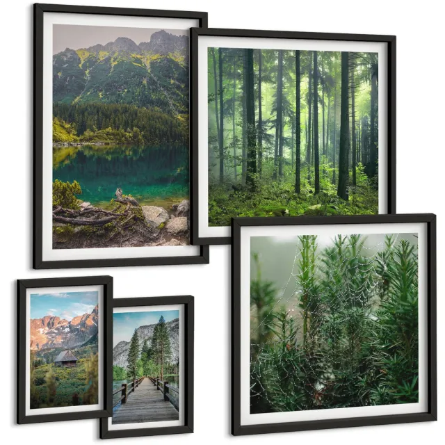 Coloray 5-Delige Schilderij Set - Natuurlandschappen Met Uitzicht Op Bergen En Bossen - 50 x 50 cm, 20 x 30 cm En 40 x 60 cm - Wanddecoratie - Schilderijen Set - Interieur - Moderne Wanddecoratie Zwarte lijst
