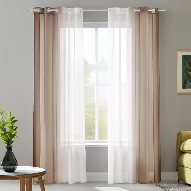 Allecto Plus Set van 2 Voile Gordijnen 140 x 225 cm - Bruin - Tweekleurig Transparant - Decoratief voor Keuken en Slaapkamer Any
