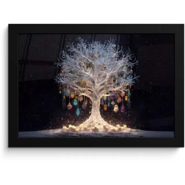 FrameYourWall Poster in lijst - Fotolijst 30x20 cm - Posters - Sneeuwboom - Lichtjes - Wit - Kleurrijk - Posterlijst zwart - Decoratie - Wanddecoratie woonkamer - Muurdecoratie slaapkamer - Kerstversiering - Kerstdecoratie voor binnen - Kerstmis