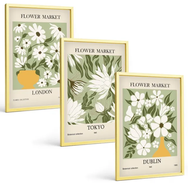 TULUP 4-Delige Schilderij Set - Bloemenposterontwerpen Londen Tokio Dublin - 40 x 60 cm - Wanddecoratie - Muurdecoratie - Moderne Interieurdecoratie - Interieur Decoratie Gouden lijst