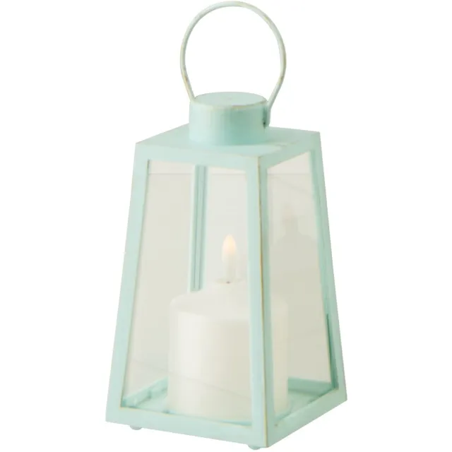 J-Line lantaarn + kaars - glas - turkoois - small - 2 stuks - LED lichtjes Blauw