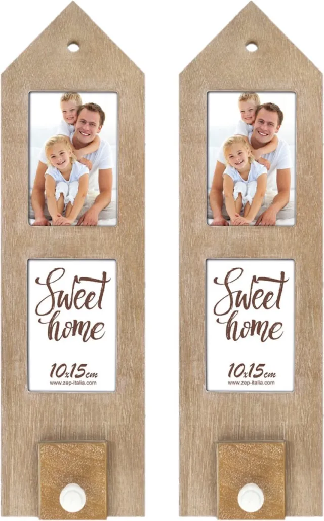 Zep 2x stuks houten fotolijstje met haakje 54 x 15 cm geschikt voor een foto van 10 x 15 cm Bruin