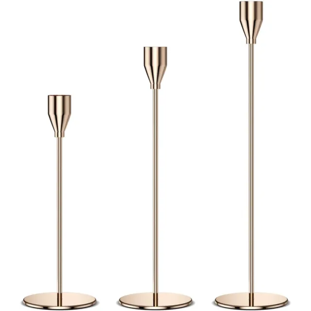 QTTVBTNA 3 stuks Gouden Kandelaar – Metalen Kaarsenhouder voor Dinerkaarsen – Elegante Tafeldecoratie voor Feest, Huwelijk & Party – Enkelvoudige Kaarsenstandaard