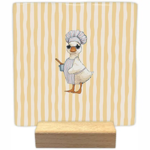 Artige Decoratie tegel - Kokende eend - keramisch - 10x10 cm - inclusief houder geel