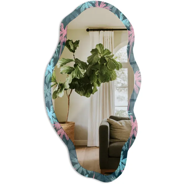 TULUP Tropische Palmbomen Spiegel - Marine Moderne Rechthoekige Wandspiegel - Organische Spiegel - Slaapkamer, Woonkamer, Kantoor - Abstract - 45x90 cm - Totale afmeting 52x97 cm Tropische Palmen, Marineblauw