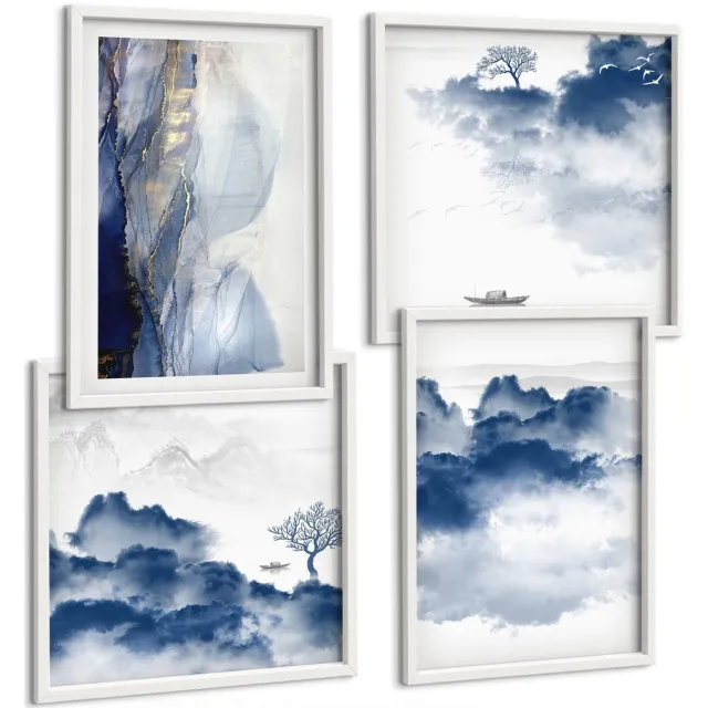 Coloray 4-Delige Schilderij Set - Wolkengebergte Met Bomen En Vogels Op De Achtergrond - 40 x 40 En 40 x 60 - Stijlvolle Wanddecoratie - Interieur - Woonkamer Decoratie Witte lijst