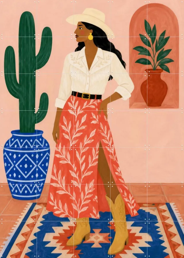 IXXI Desert Bloom, Atelier Pommeline - 100 x 140 cm - Grote wanddecoratie en posters - Modern, Illustraties, Kleurrijk, Woonkamer, Slaapkamer, Gang Rood / Blauw / Roze