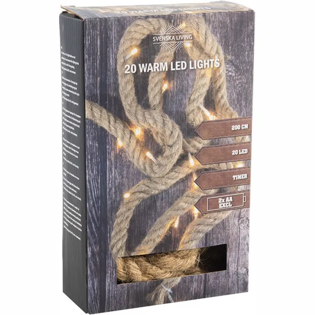 Svenska Living Touwverlichting - jute - 200 cm - op batterijen - 20 lampjes - warm wit licht
