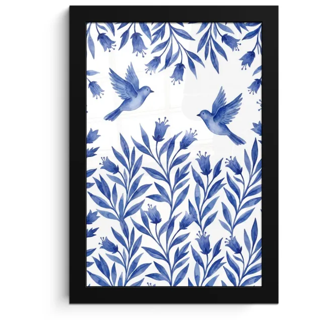 FrameYourWall Poster in lijst - Fotolijst 20x30 cm - Posters - Modern - Vogels - Delfts - Blauw - Posterlijst zwart - Decoratie - Wanddecoratie woonkamer - Muurdecoratie slaapkamer