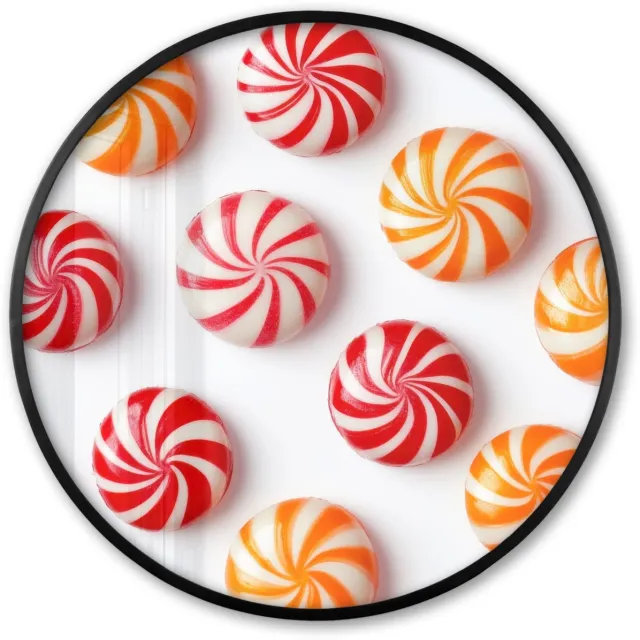FrameYourWall Poster in lijst Rond - Fotolijst 80x80 cm - Posters - Snoep - Patroon - Rood - Oranje - Ronde posterlijst zwart - Decoratie - Wanddecoratie woonkamer - Muurdecoratie slaapkamer