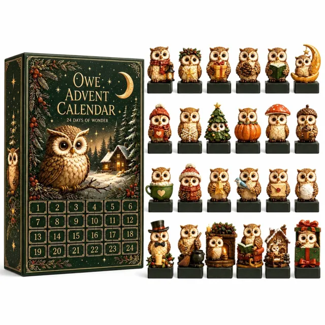 SWGOTA Adventskalender met 24 verschillende uilenfiguurtjes op voetjes, genummerde vakken 1-24, in kartonnen cadeaudoos Bruin