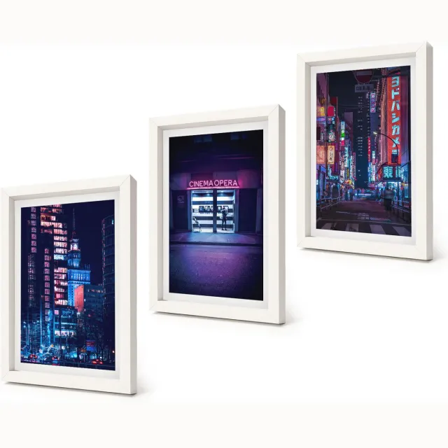 Coloray 3-Delige Schilderij Set - Nachtstad met neonlichten en bioscoopingang - 20x30 - Stijlvolle Muurdecoratie - Slaapkamer - Decoratieve Schilderijen Witte lijst
