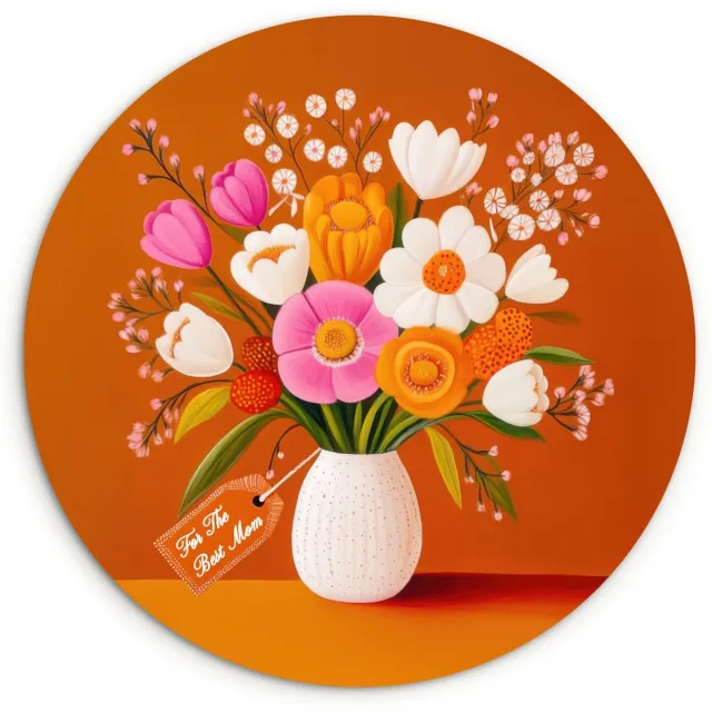 WallCircle Wandcirkel 30x30 cm - Muurcirkel Vaas - Bloemen - Oranje - Muurdecoratie woonkamer - Wanddecoratie slaapkamer - Kamer decoratie accessoires - Ronde schilderijen Boeket - Kaartje