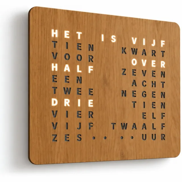 Atlas Time Woordklok Nederlands - Houten wandklok - Eikenhout - 46x38
