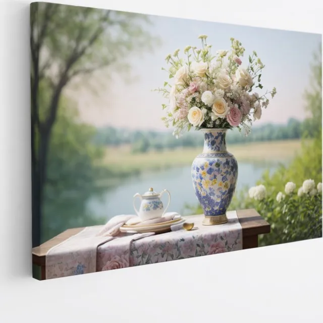 Saammp Canvas Schilderij - Bloemen in Blauwe vaas - Abstract - 40x30 - Foto op canvas - Wanddecoratie - Muurdecoratie Woonkamer - Kantoor Decoratie Multicolor