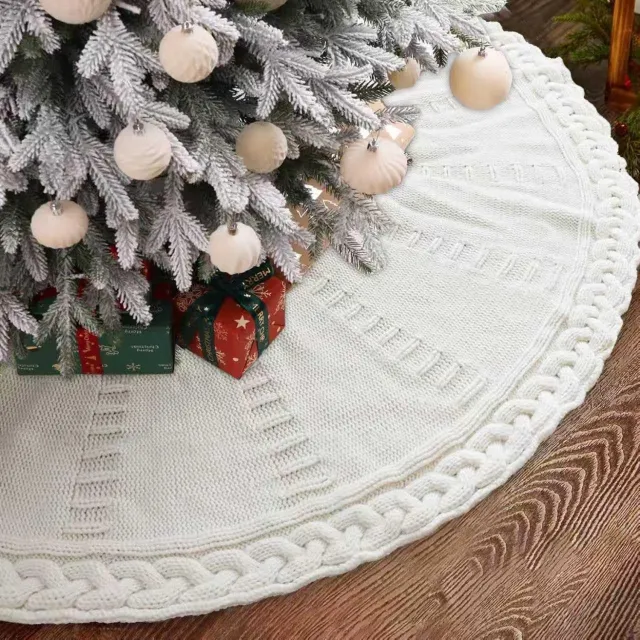 KZQ Kerstboomkleed - Wit - 90 cm - Gebreid - Kerstboomrok - Kerstkleed - Kerstboomring - Kerstboomtapijt - Kerst Versiering - Kerstdecoratie - Voor Kerstmis Wit-2