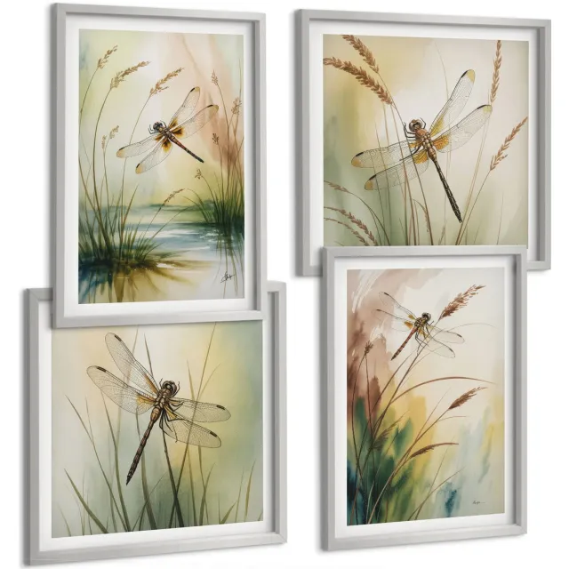 TULUP 4-Delige Schilderij Set - Libellen tussen het gras bij het water in een schilderachtige stijl. - 40 x 40 cm en 40 x 60 cm - Decoratieve Schilderijen - Woonkamer - Interieur Zilveren lijst