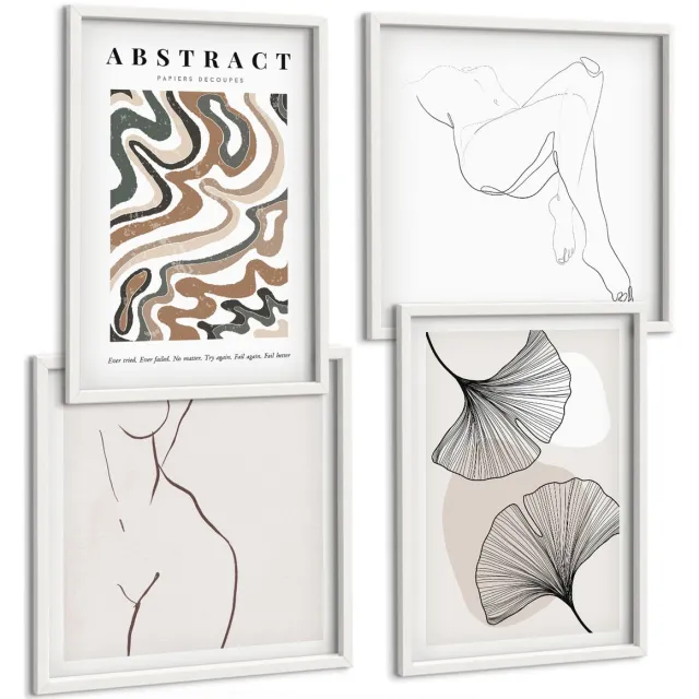 Coloray 4-Delige Schilderij Set - Abstracte Poster Met Vrouwelijke Vormen En Bladeren In Boho-Stijl. - 40 x 40 En 40 x 60 - Muurdecoratie - Decoratieve Schilderijen - Wohnzimmer Witte lijst