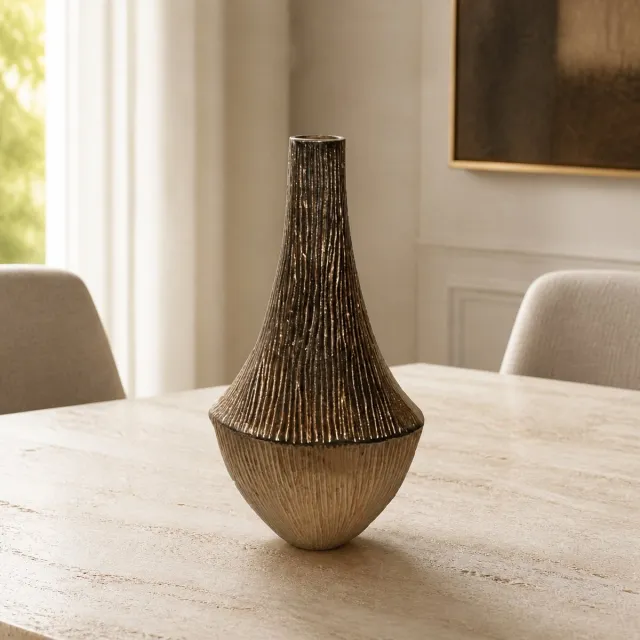 Hoppa! Vaas - Geribbelde Metalen - Goud - 21 x 11 x 43 (B x D x H)