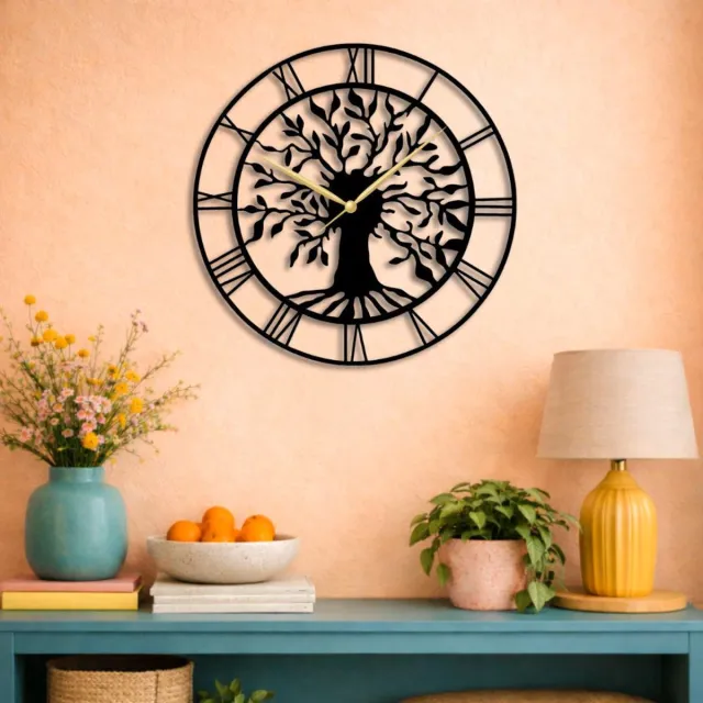 BT Home Levensboom Wandklok 50 cm – MDF Wandklok met Romeinse Cijfers – Zwart – Moderne Decoratieve Muurklok voor Woonkamer