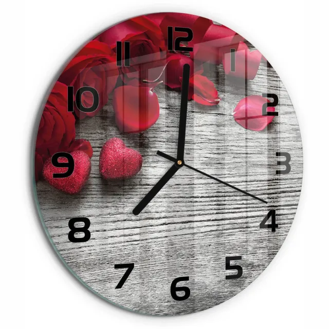 TULUP Wandklok - Rode rozen Gekleurde Glazen Klok - fi30 cm - Rood Glazen Klok Met Print - Zwarte handen - Ronde Klok - Moderne Wandklok Glas - Wandklok Glas Decoratie