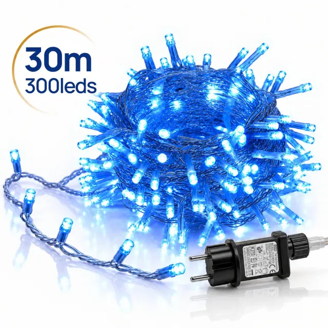 LAPAMAX LED Lichtsnoer - Kerstverlichting 30 m 300 LEDs Blauw - Zonder Tail Plug - 31 V Laagspanning met Timer, Geheugen en 8 Lichtstanden - Kerstboomverlichting met Adapter en 3 m Aanloopsnoer