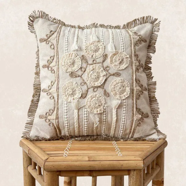 The Four Pursuits TFP Artisanal Embellished Cushion Cover - Sierkussenhoes | Aria - 45 x 45 cm - 100% Organic Cotton (GOTS Certified), Jute - Handmade in India - natural white, Beige, Brown