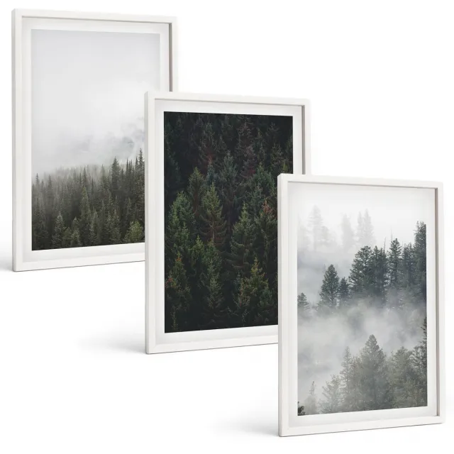 TULUP 3-Delige Schilderij Set - Groene bossen in een mistige natuurlijke omgeving - 40x60 - Schilderijen Set - Wanddecoratie - Woonkamer - Muurdecoratie Witte lijst