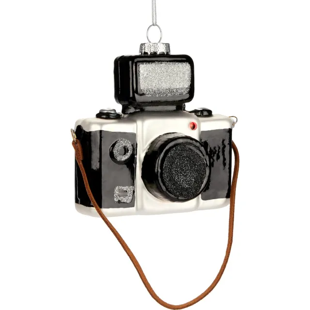 Brubaker Camera, handbeschilderde kerstbal van glas, 10 cm, boombol voor fotografen, zwart glitter, mondgeblazen kerstboomversiering, figuurtje, grappige decoratieve hanger Zwart zilver