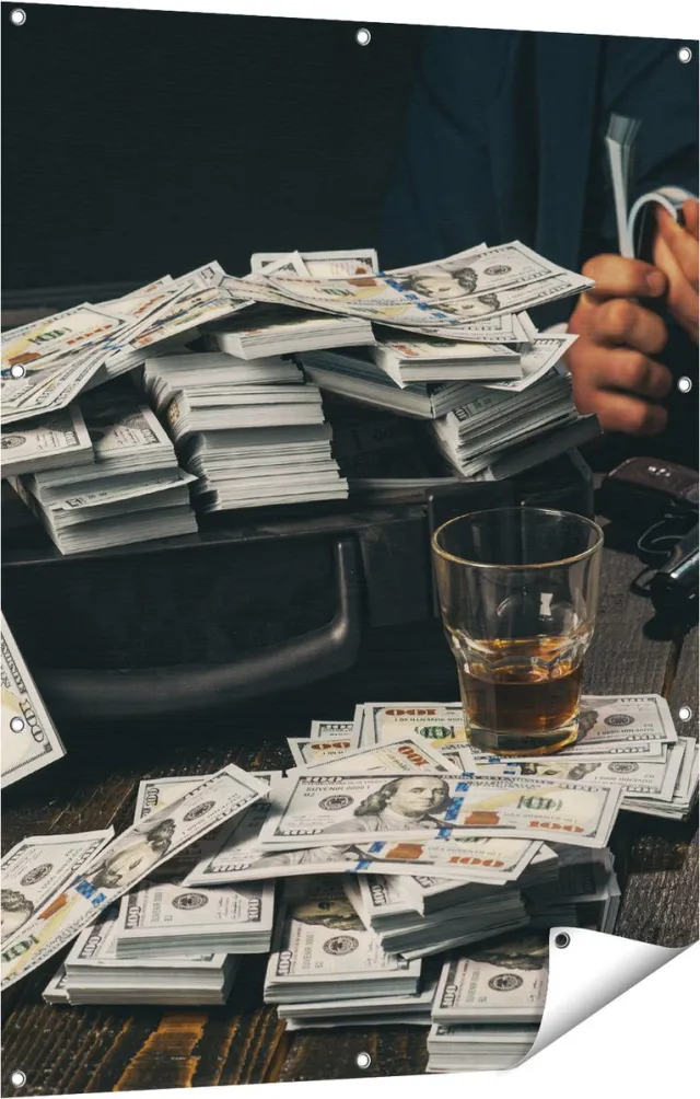 Gards Tuinposter Dollar Geld Briefjes op Tafel van de Maffia - 90x120 cm - Tuindoek - Tuindecoratie - Wanddecoratie buiten - Tuinschilderij Multikleur