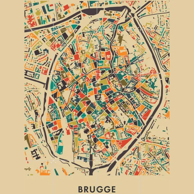 IXXI Brugge Mosaic Map, Kunst in Kaart - 80 x 100 cm - Grote wanddecoratie en posters - Abstract, Digitale Kunst, Speels, Kleurrijk, Vintage, Modern Blauw