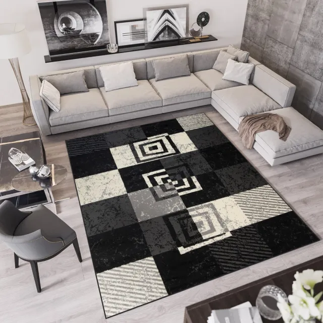 Tapiso Qmega Vloerkleed Zwart Grijs Geometrisch Woonkamer Tapijt