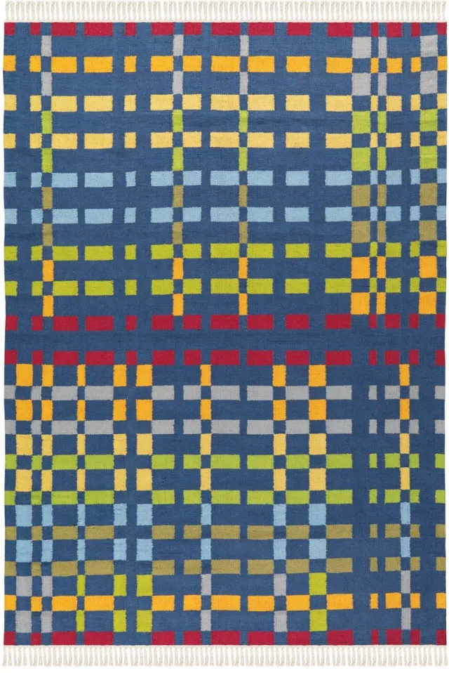 Padiro design laagpolig vloerkleed 170 x 240 cm - lichtblauw - geometrisch ruiten- en blokkenpatroon - met franjes - voor vloerverwarming - van wol