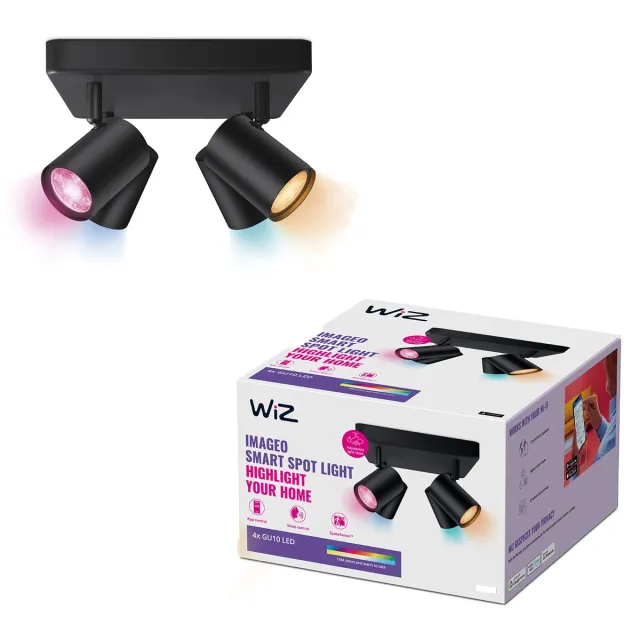 WiZ Plafondlamp Imageo - Opbouwspot - 4 spots - Gekleurd en Wit Licht - Slimme LED Verlichting - GU10 fitting - 4x 5W - Vierkant - Zwart - Wi-Fi