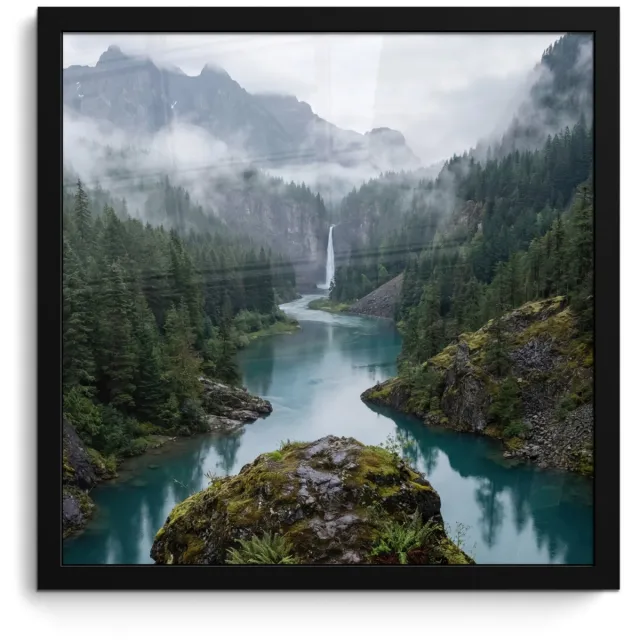 FrameYourWall Poster in lijst - Fotolijst 40x40 cm - Posters - Waterval - Bomen - Bergen - Posterlijst zwart - Decoratie - Wanddecoratie woonkamer - Muurdecoratie slaapkamer