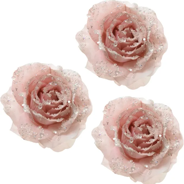 Decoris Decoratie roos - 3x - op clip - poeder roze - D14 cm - kunststof - kerstbloem - bloemen - kerstboomversiering - kerstornamenten