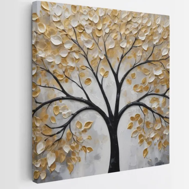 Saammp Canvas Schilderij - Winterboom met goud - Abstract - 60x60 - Foto op canvas - Wanddecoratie - Muurdecoratie Woonkamer - Slaapkamer decoratie - Canvas Print Multicolor