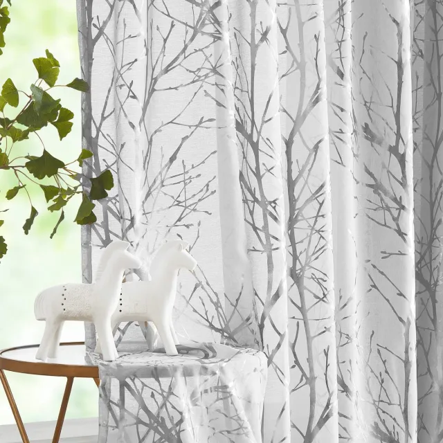 Unyqoos Transparante Voile Gordijnen Set met Metallic Takpatroon en Ingestanste Ringen voor Woonkamer en Slaapkamer grijs