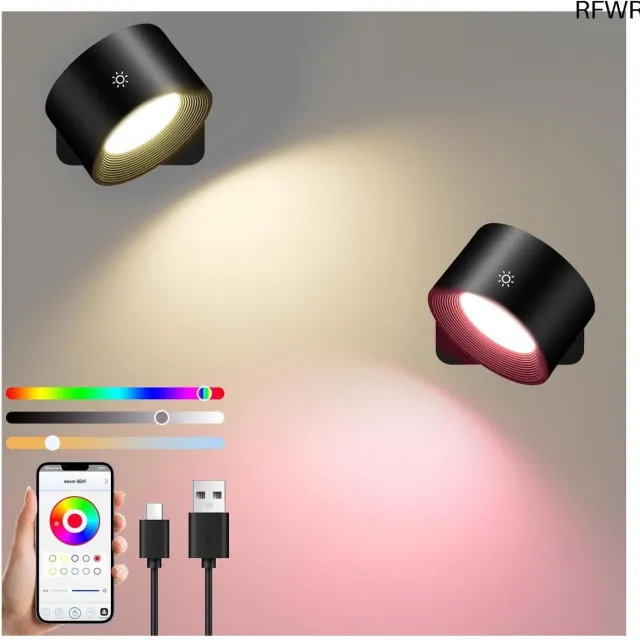 RFWR Slimme Dimbare Wandlamp zonder Stroomaansluiting - 360° Draaibaar & RGB Zwart-smart