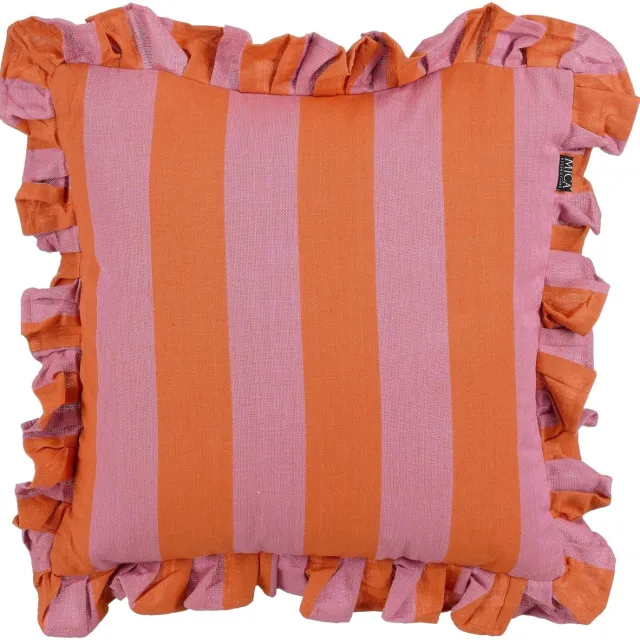 Mica Decorations Sierkussen met Streeppatroon - Vierkant Kussen van Katoen met Speelse Ruches - Decoratief Accessoire voor Bank, Bed of Fauteuil - 45 x 45 x 10 cm - Lila, Oranje Paars