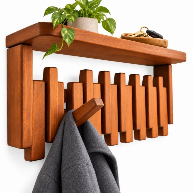 Arave Aravé® Wandkapstok met Hoedenplank - Kapstok Hangend - Kapstok Muur - Piano Kapstok - 8 Haken - Hout Walnoot