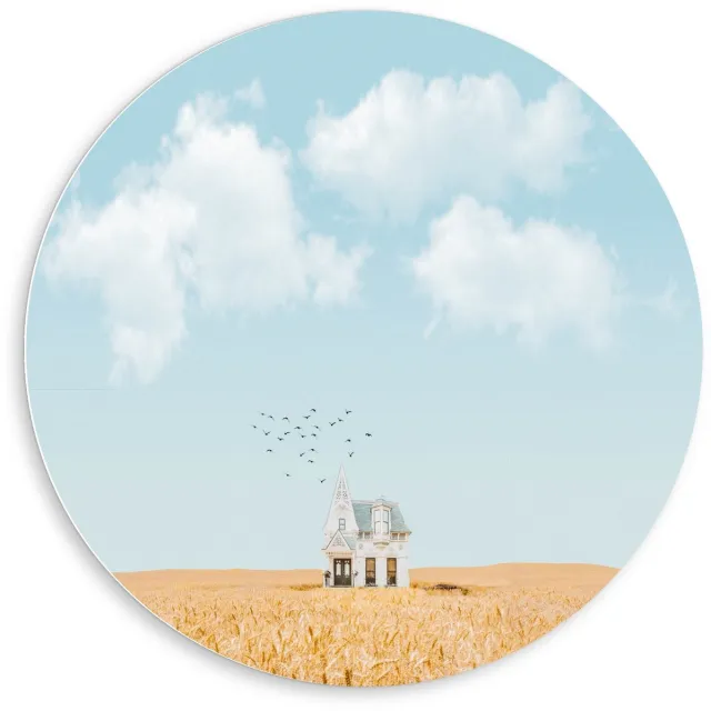 KuijsFotoprint Schilderij - Eenzaam Huisje Onder Wolkjes - Wit, Blauw En Bruin - 80 X 80 Cm