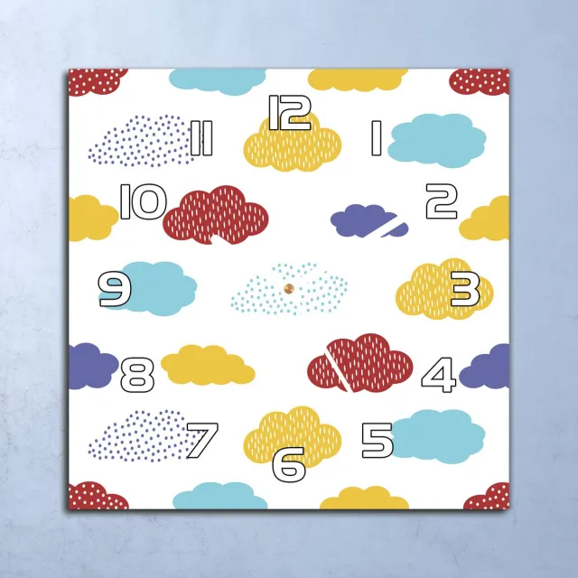 Coloray Wandklok - Kleurrijke wolken Klok Glas - 30x30 cm - Geel Wandklok - Wandklok Vierkant - Wandklok Scandinavisch - Wandklokken Woonkamer - Stille Wandklok Geel - Kleurrijke wolken - Witte Handen