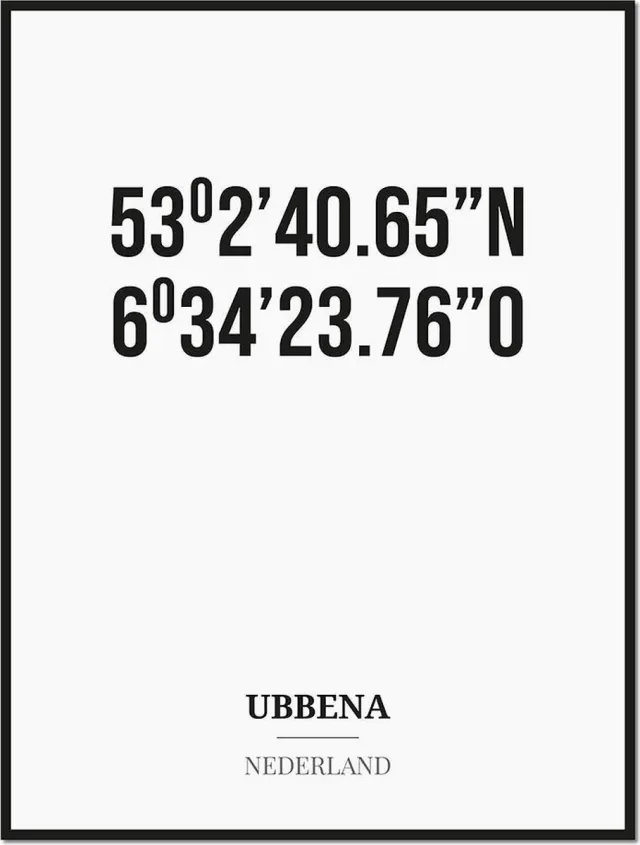 Studio216 Poster/kaart UBBENA met coördinaten zwart, wit